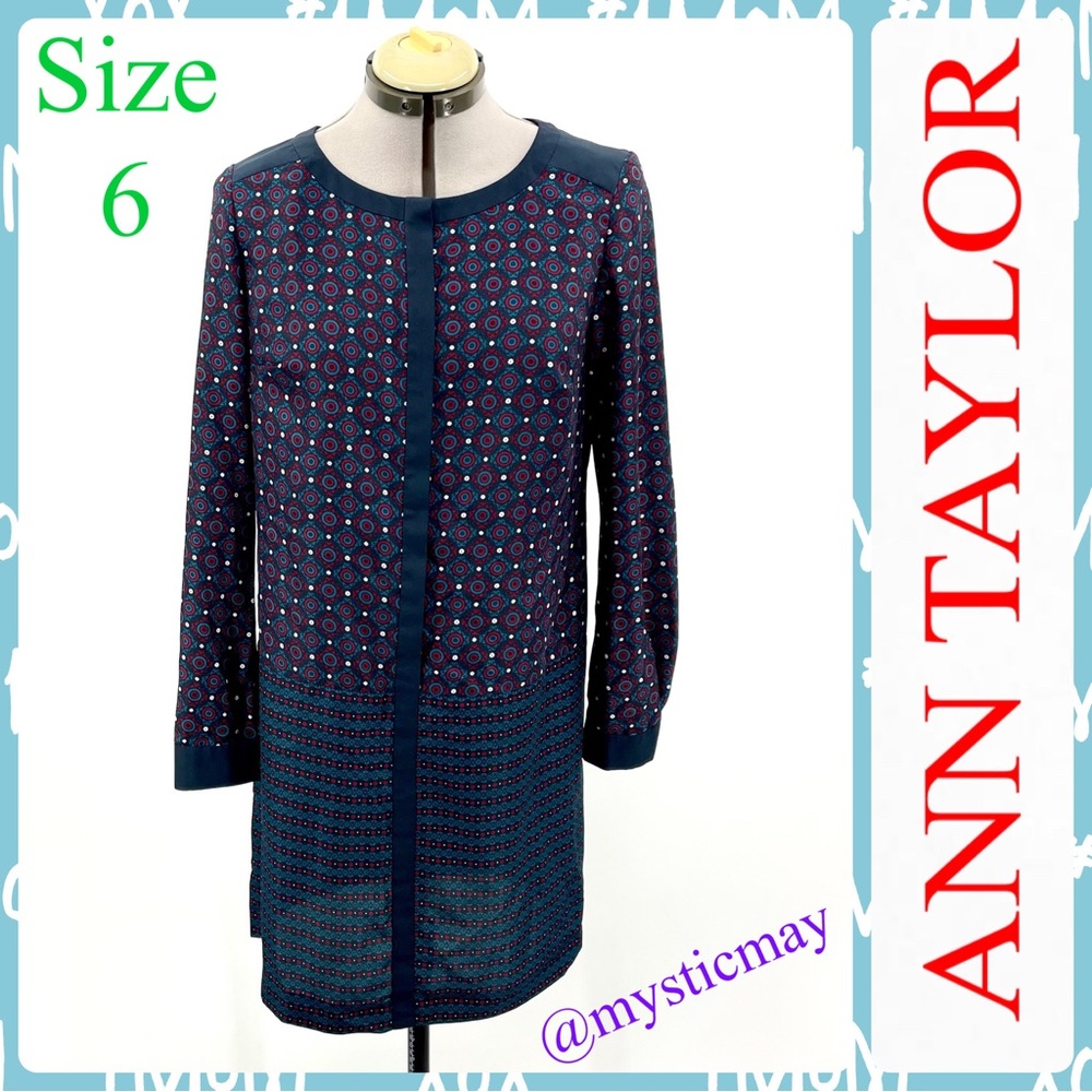 ANN TAYLOR Navy Blue w Red Medallion Print Long Sleeve Shift Dress Size 6 or S